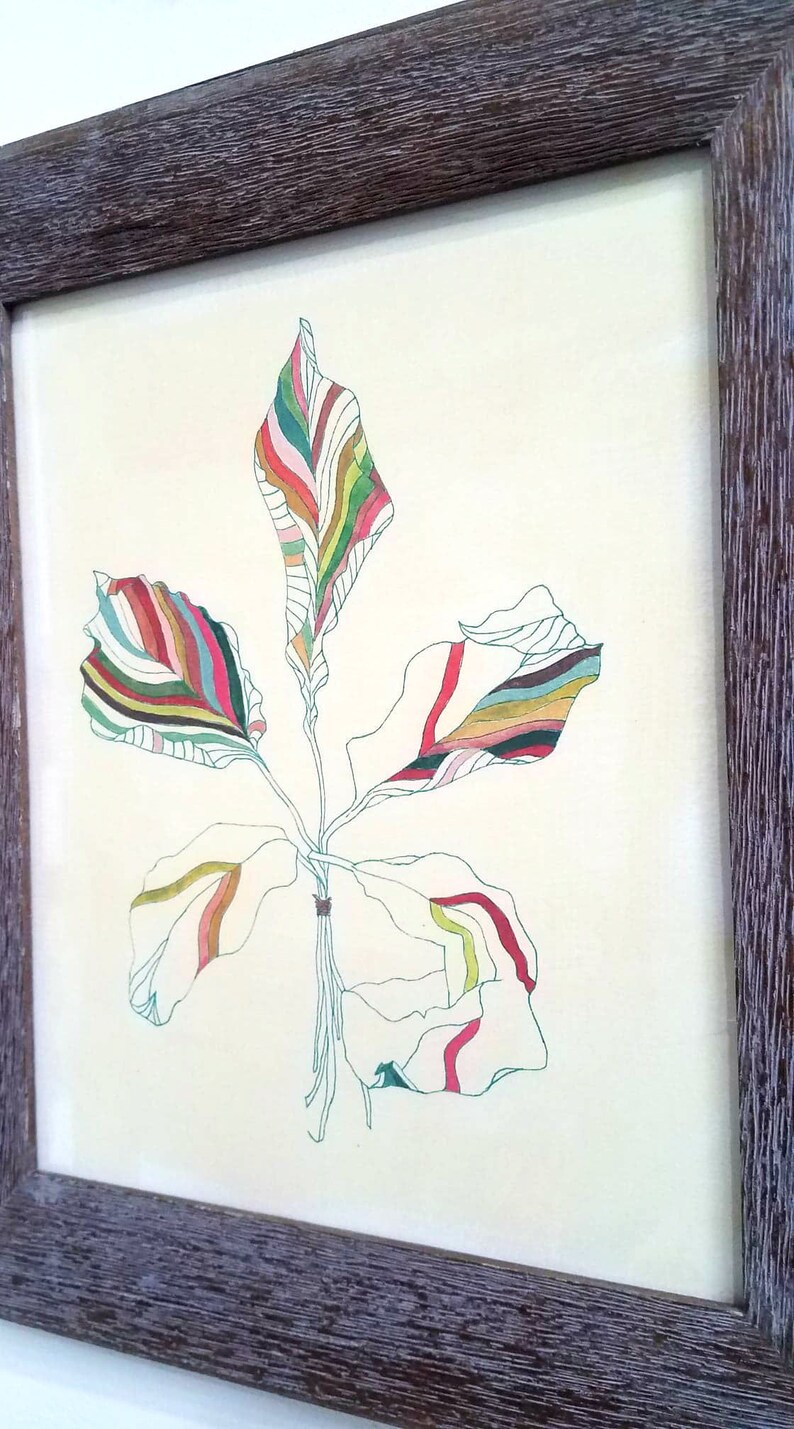 Peut inclure: Un dessin encadr&eacute; d'une plante stylis&eacute;e avec des feuilles color&eacute;es. Les feuilles sont dessin&eacute;es avec des lignes fines et remplies de diff&eacute;rentes couleurs, dont le rouge, le vert, le jaune et le bleu.