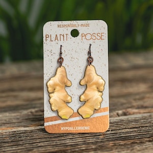 Op de afbeelding: Een paar gemberwortel oorbellen op een witte kaart met de tekst "Responsibly-Made Plant Posse Hypoallergenic".