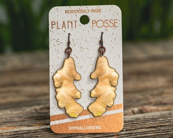 Ginger dangle earrings, ginger jewelry, ginger earrings, wood earrings, laser cut wood, ginger, sustainable, eco-friendly, ginger root, herb