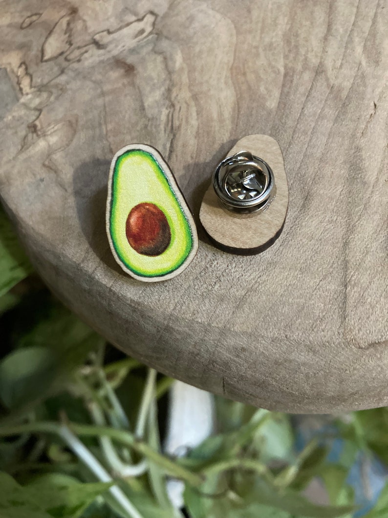 Avocado Wood Pin, Wooden pins, avocado art, sustainable art, fruit pin, fruit accessory, avocados, wood art, farmer, pins, under 15, vegan image 2