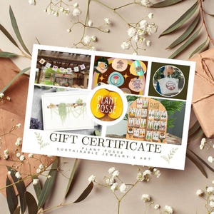 Carte-cadeau pour Plant Posse, chèque-cadeau, bijoux, bijoux végétaliens, oeuvre d'art, impressions, autocollants, t-shirts, cadeau végétalien, remise des diplômes, université, fourre-tout