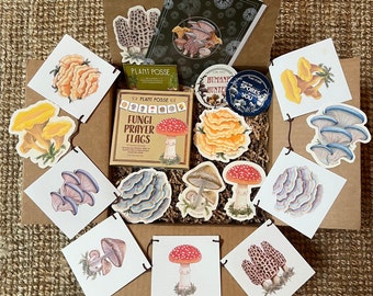 Mushroom Gift Set, cottagecore, vegan, vegetarian, decor, home decor, art, mushrooms, mushroom art, cook, chef, prayer flags, fungi,stickers