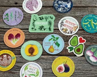DISCOUNTED Sticker12 Pack, fruit art, mushroom stickers, vegan, puns, vegan gifts, vegetarian, garden, gifts under 30, mushroom art, fungi