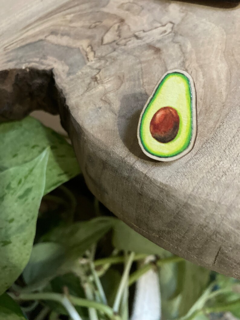 Avocado Wood Pin, Wooden pins, avocado art, sustainable art, fruit pin, fruit accessory, avocados, wood art, farmer, pins, under 15, vegan image 4