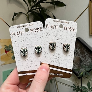 DISCOUNTED Thai Monstera stud earrings (White/Tan background), leaf earrings, sustainable jewelry, eco friendly, houseplant, hypoallergenic