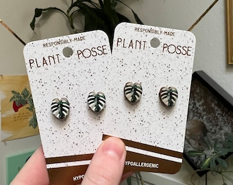 DISCOUNTED Thai Monstera stud earrings (White/Tan background), leaf earrings, sustainable jewelry, eco friendly, houseplant, hypoallergenic