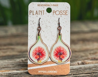 Boucles d'oreilles figue, boucles d'oreilles fruits, pendentifs, jardin, bijoux durables, boucles d'oreilles écologiques, cuivre, bois, jardinier, naturaliste