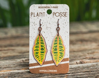 Petra Croton earrings, houseplant earrings, dangles, garden, sustainable jewelry, eco friendly earrings, copper, wood, gardener, plant lover