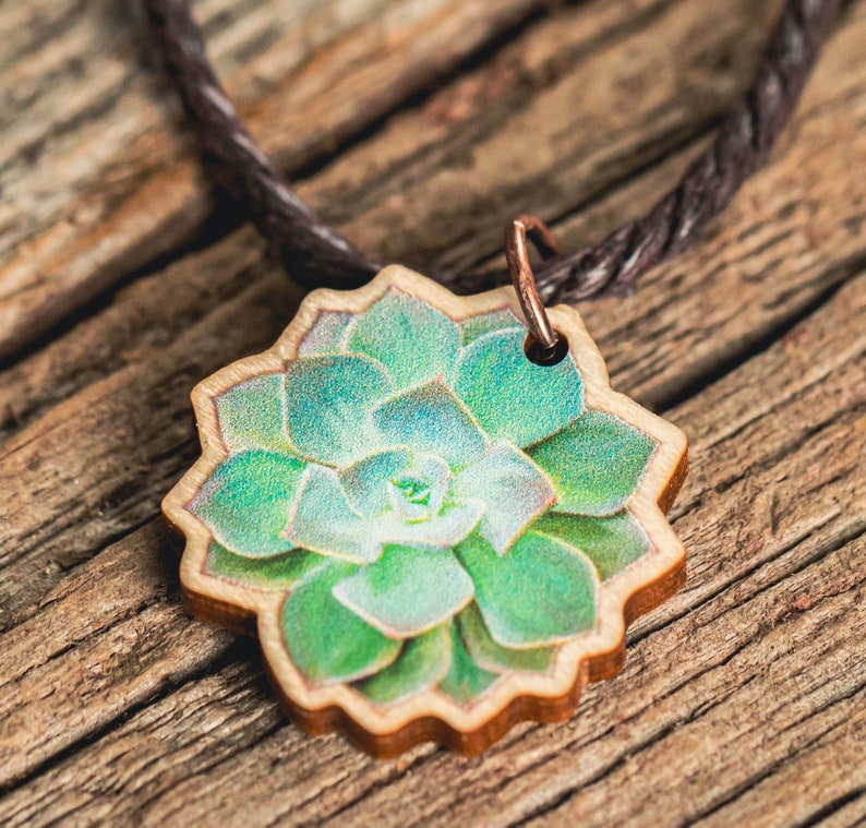 Succulent necklace, houseplant necklace, sustainable jewelry, eco friendly necklace, wooden pendant, plant jewelry, Echeveria, succulent art image 3