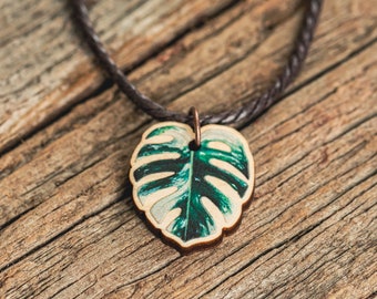 Monstera Thai Constellation necklace, houseplant necklace, sustainable jewelry, eco friendly necklace, variegated Monstera, exotic, tropical