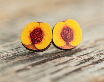 DISCOUNTED Peach stud earrings, fruit earrings, sustainable jewelry, eco friendly earrings, wood, gardener, botanical, garden, peaches, art