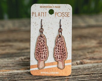 Morel earrings, mushroom earrings, dangles, fungi, sustainable jewelry, eco friendly, wooden mushroom, mushroom jewelry, cottagecore