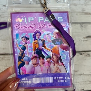 May include: A clear plastic VIP pass holder with a purple lanyard. The pass features a graphic of animated characters and text that reads "VIP PASS Kennedy's 8th Birthday" and "ALL ACCESS SEPT. 13, 2025".