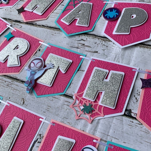 Banner de cumpleaños de la Araña Fantasma, Banner de fiesta de Spider-Gwen, Fiesta de cumpleaños de la Araña Fantasma, Artículos de cumpleaños de la Niña Araña