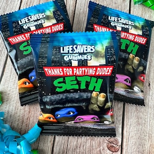 May include: Three black and green party favor bags with Teenage Mutant Ninja Turtles characters peeking out from behind a cityscape. The bags are filled with Life Savers gummies and have the text "Life Savers Gummies" and "Thanks for Partying Dudes" printed on them. One bag has the name "Seth" printed on it.