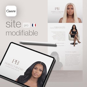 Peut inclure: Publicité numérique pour "Perfect Blend Luxury Hair Salon" avec une femme aux longs cheveux blonds. La publicité comprend le logo du salon, une tablette et le texte "site modifiable". Un stylet est également visible.