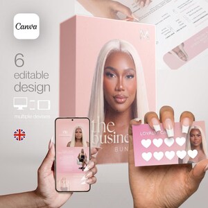 Peut inclure: Une boîte rose avec l'image d'une femme et les mots "the business bundle". Un smartphone et une carte de fidélité sont tenus dans les mains. L'image montre également le logo Canva et les mots "6 editable design".
