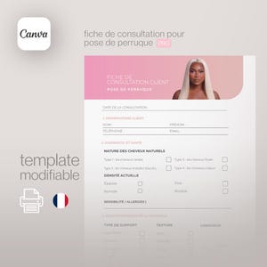 Peut inclure: Un modèle de fiche de consultation pour la pose de perruques, avec un en-tête rose et une photo d'une femme aux cheveux blonds. Le formulaire comprend des sections pour les informations du client, le diagnostic capillaire et les caractéristiques de la perruque.