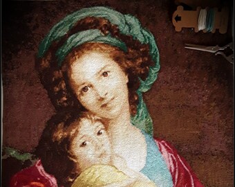 Large Completed Finished Cross Stitch Mother&#39;s Love E. Vizhe-Lebren&#39;s self portrait Unique Hand stitched Handmade Art Gift Mother&#39;s day
