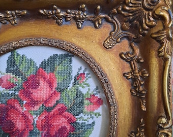 Completed Finished Cross Stitch Framed Vintage Roses