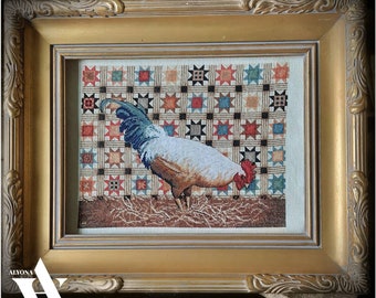 Large Vintage Completed Finished Cross Stitch Patchwork Rooster