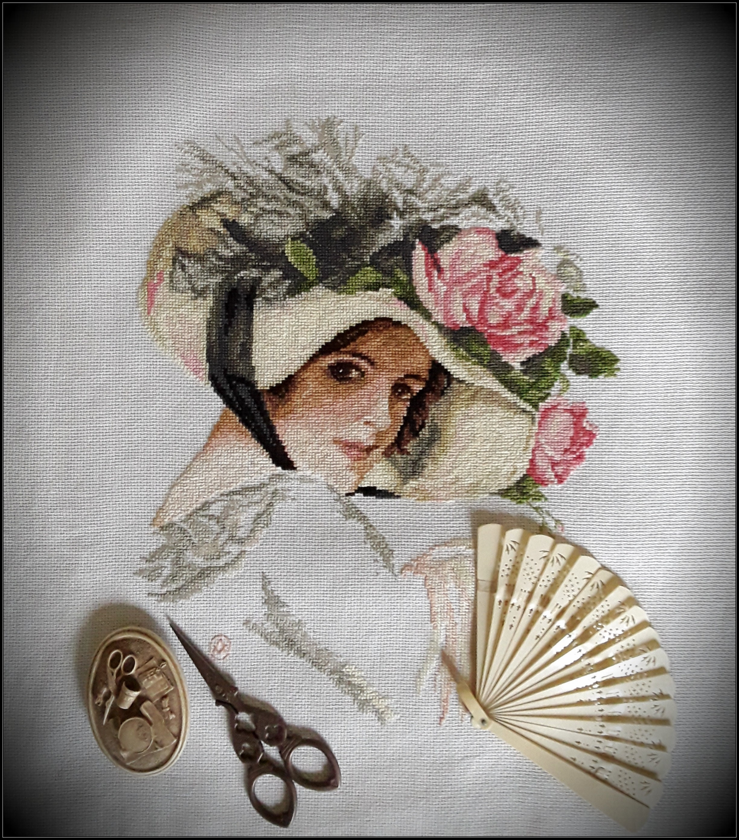 Finished Completed Cross Stitch of a Young Lady in a Hat with Roses Vintage Style Unique Gift of hand stitched art
