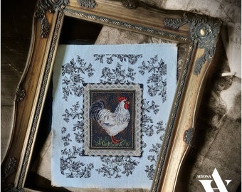 Vintage Completed Finished Cross Stitch Rooster on Toile