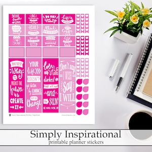 Simple Pink Inspirational Quotes Printable Planner Stickers, Inspirational Quote Functional Digital Instant Download Planner Stickers Kit
