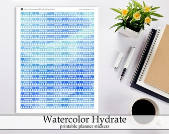 Watercolor Hydrate Printable Planner Stickers, Pretty Blue Digital Instant Download Stickers ECLP Happy Planner Bullet Journal Drink Up
