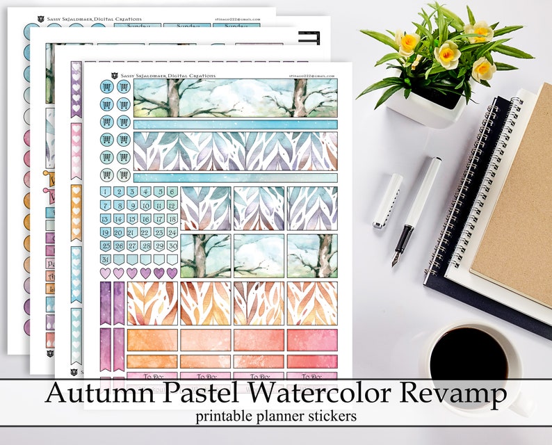 Pretty Digital Instant Download Stickers Fall Watercolor Leaves ECLP Happy Planner Kit Autumn Pastel Watercolor Printable Planner Stickers