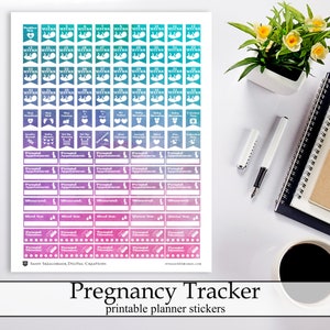 May include: A printable sheet of stickers for a pregnancy tracker. The stickers are in a variety of colours and designs, including weeks of pregnancy, appointments, and other pregnancy-related events. The stickers are designed to be used in a planner or journal.