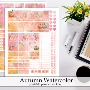 Otoño acuarela imprimible planificador pegatinas, descarga instantánea digital pegatinas octubre otoño calabazas naranja rosa acuarela planificador kit