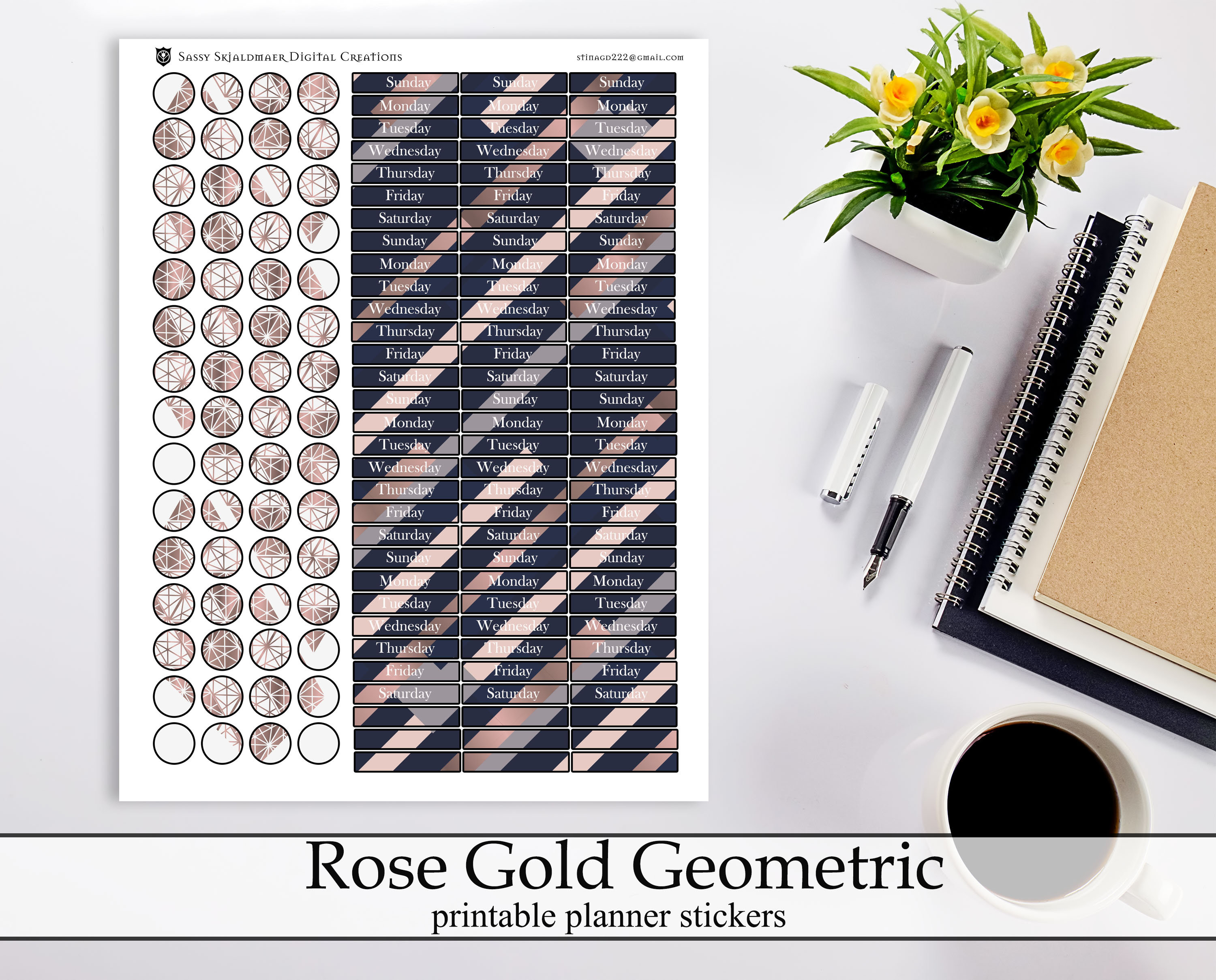 Rose Gold & Navy Geometric Printable Planner Stickers, Pretty Rose Gold ...