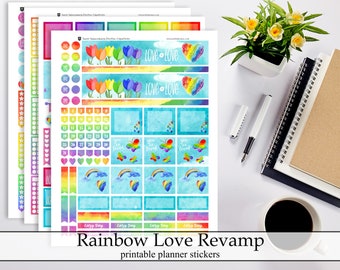 Bright Rainbow Love Printable Planner Stickers, Love Pride LGBTQ Digital Instant Download Planner Bright Colorful Rainbow Stickers Kit