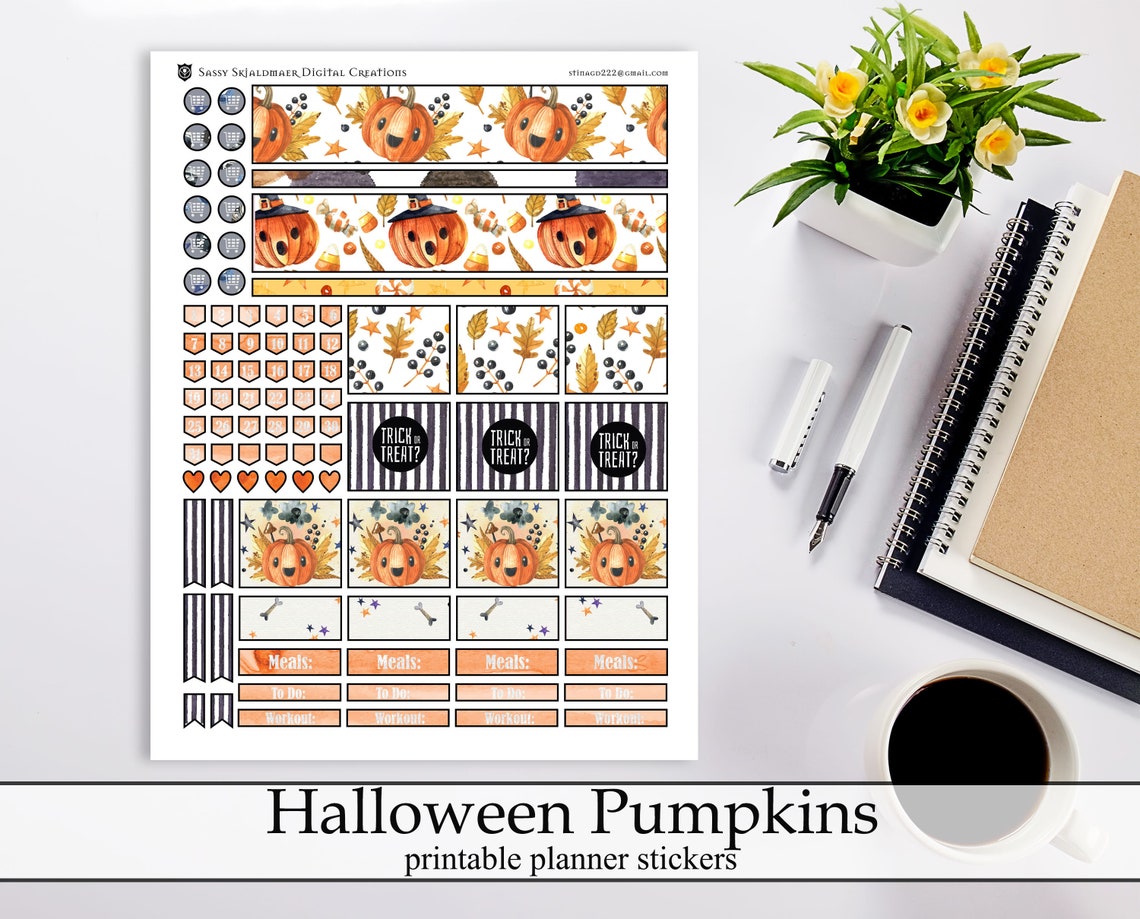 Watercolor Pumpkins Halloween Printable Planner Stickers Cute | Etsy