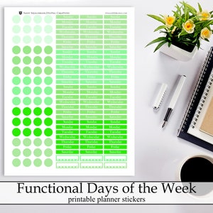 Green Functional Days of the Week Printable Planner Stickers, Digital Instant Download Dots ECLP Happy Planner Bullet Journal Calendar