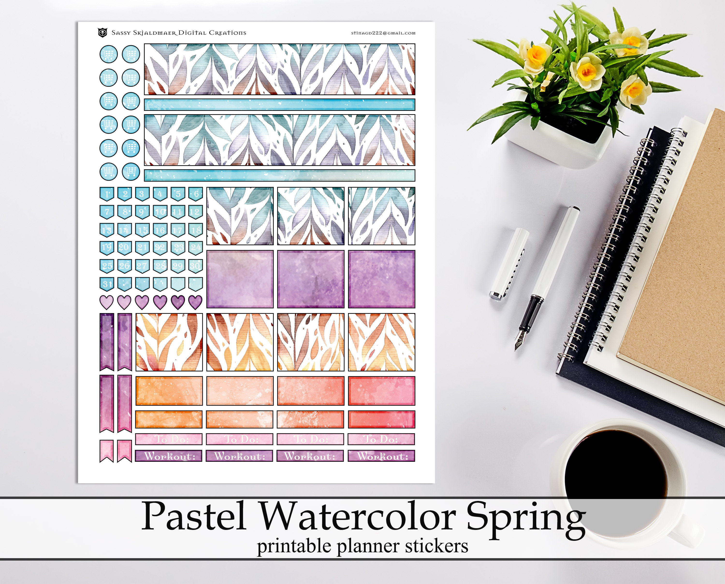Pastel Watercolor Spring Printable Planner Stickers, Pretty April May ...