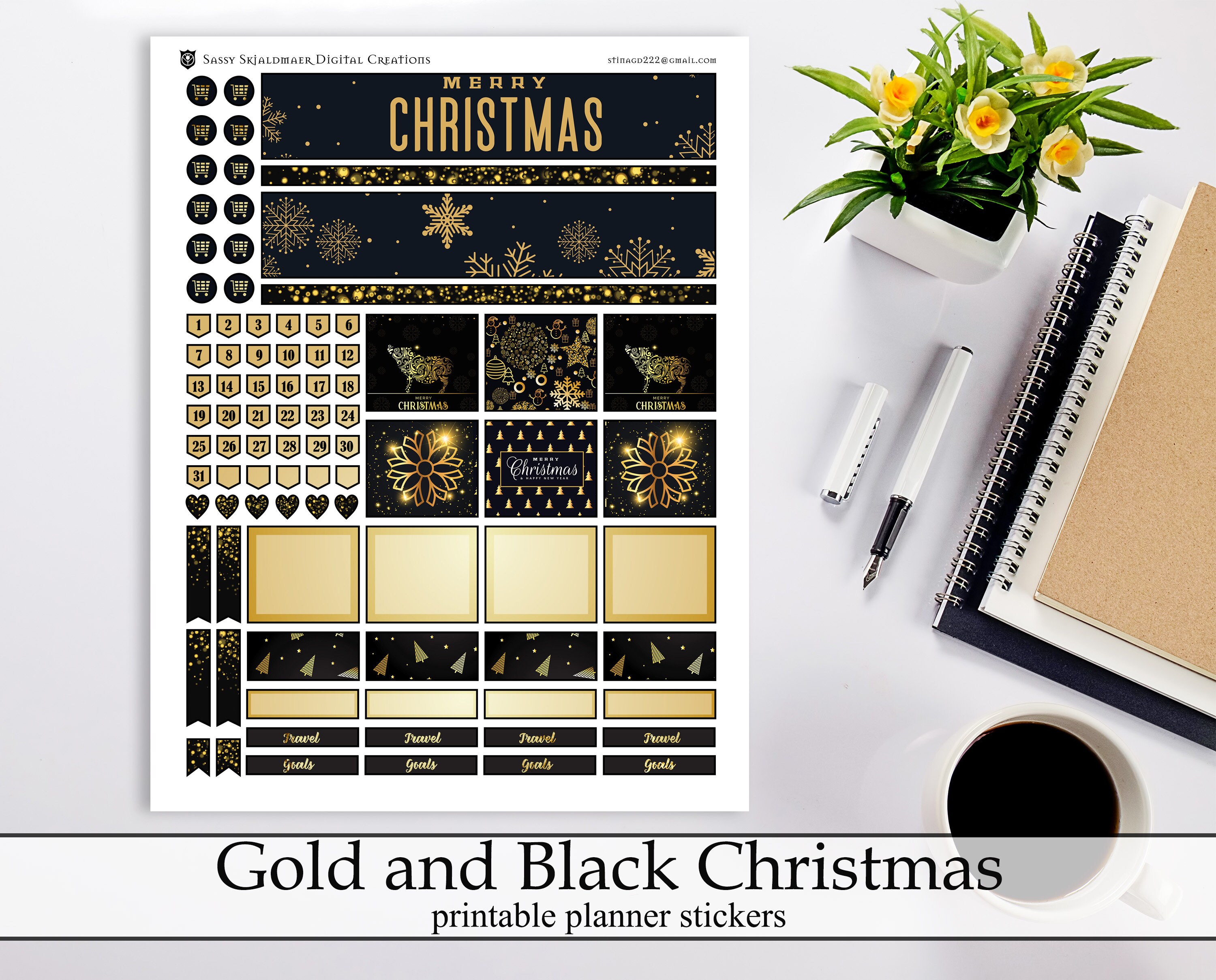 Gold &amp; Black Christmas New Years Printable Planner Stickers - Etsy España
