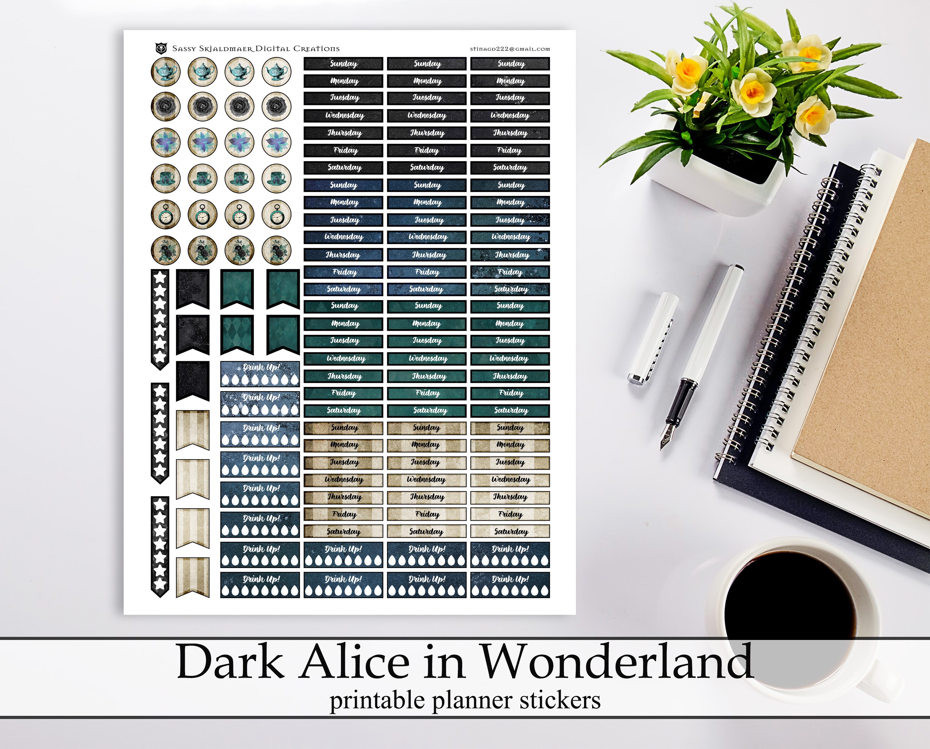 Dark Vintage Alice in Wonderland Printable Planner Stickers, Mad Tea ...