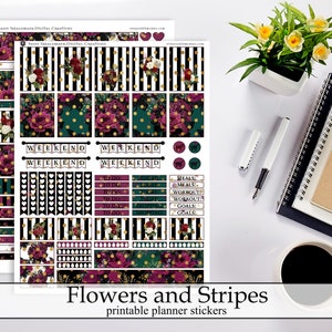 Flowers & Gold Printable Planner Stickers, Marsala Burgundy Faux Gold Foil Stripes Flowers Autumn Fall Digital Instant Download Stickers Kit