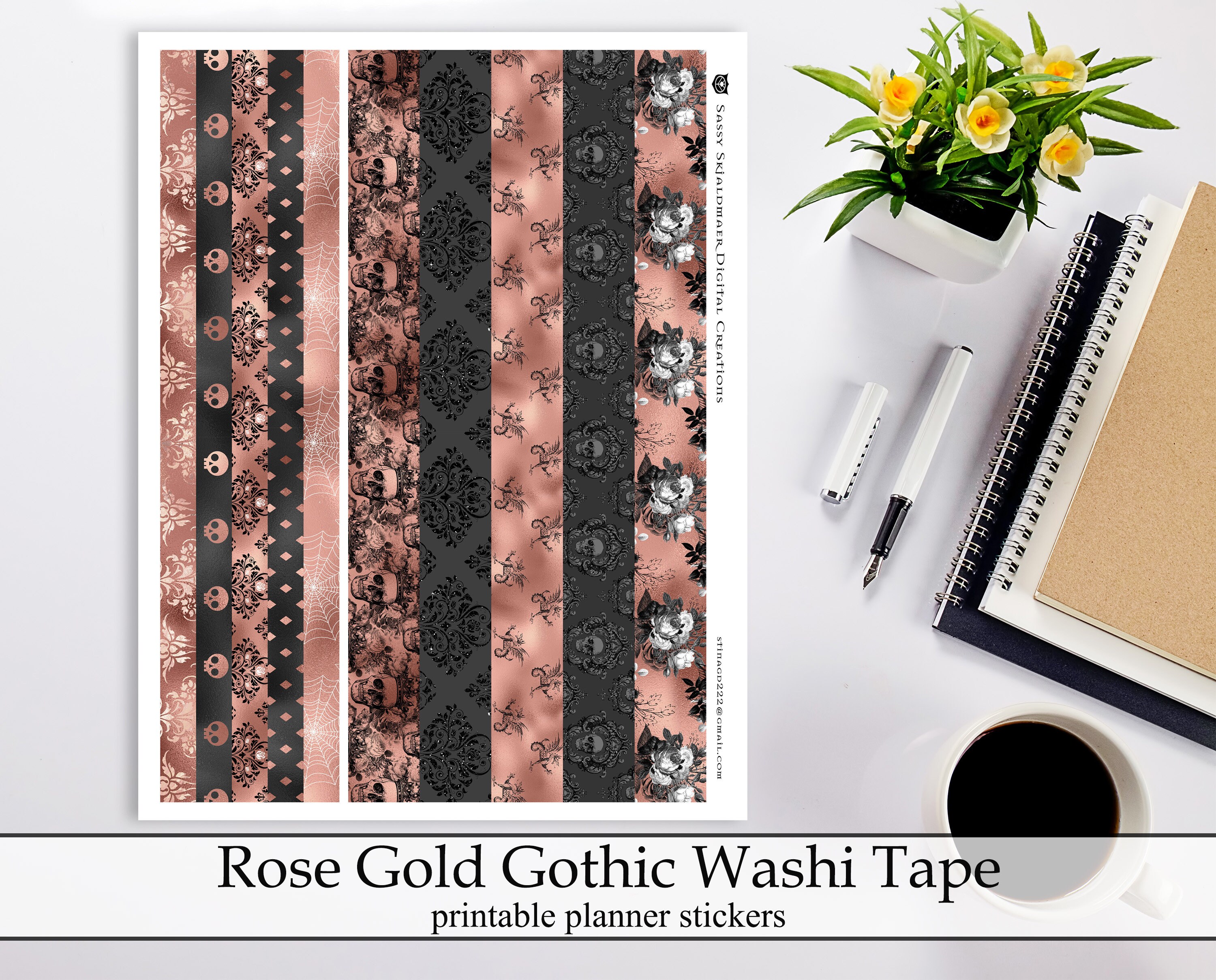 Rose Gold Gothic Printable Washi Tape Strips Planner and Craft Stickers ...