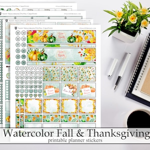 Adesivi pianificabili stampabili per il Ringraziamento dell'acquerello, bellissimo kit di adesivi per pianificatore calendario con download istantaneo digitale di novembre autunno autunno