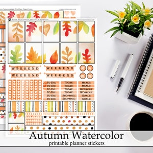 Otoño acuarela imprimible planificador pegatinas, descarga instantánea digital pegatinas otoño octubre acuarela hojas imprimible planificador kit de pegatinas
