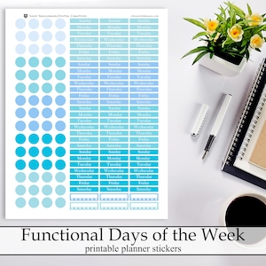 Blaue funktionale Tage der Woche druckbare Sticker, Türkis blau digital Instant Download Punkte ECLP glücklich Planer Bullet Journal