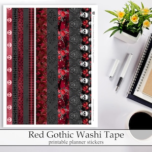 Red Gothic Printable Washi Tape Strips Planner and Craft Stickers, Black and Red Goth Skulls Roses Digital Instant Download Planner