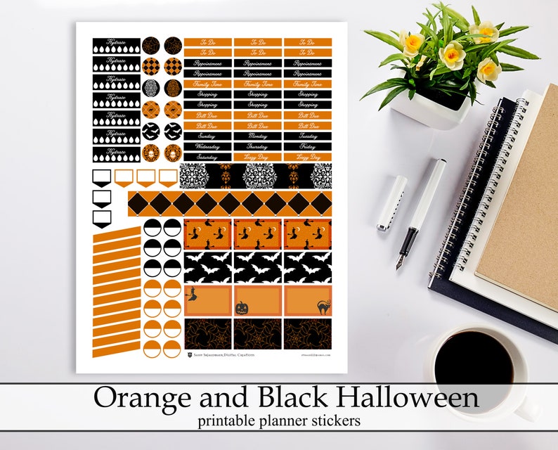 Orange and Black Halloween Printable Planner Stickers, Cute Witches ...