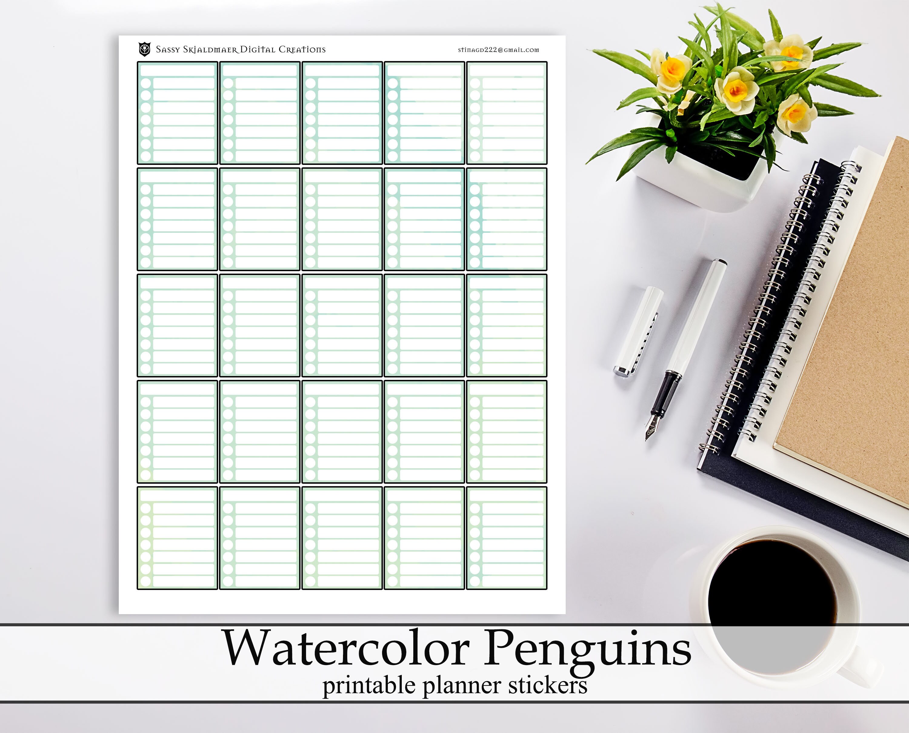 Winter Watercolor Penguins Printable Planner Stickers, Turquoise Aqua ...