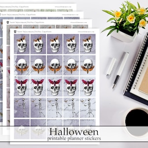 Spooky Halloween Ephemera Printable Planner Stickers, Halloween Digital Instant Download October Planner Stickers Skulls Skeletons Kit