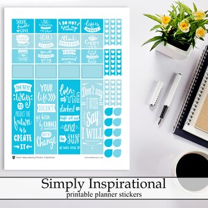 Simple Blue Inspirational Quotes Printable Planner Stickers, Inspirational Quote Functional Digital Instant Download Planner Stickers Kit