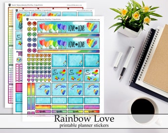 Bright Rainbow Love Printable Planner Stickers, Love Pride LGBTQ Digital Instant Download Planner Bright Colorful Rainbow Stickers Kit